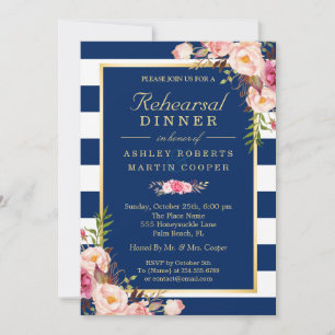 Invitation Dîner de répétition Mariage Floral Navy Blue Strip