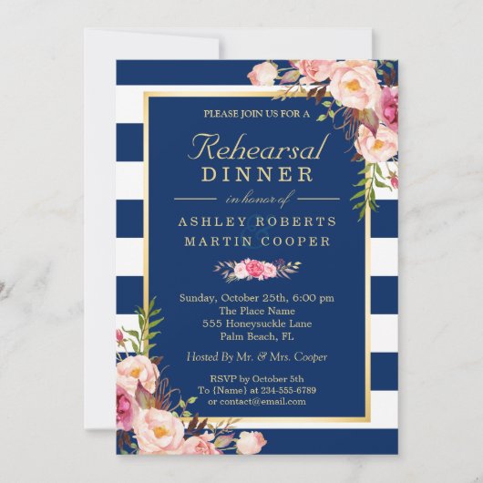 Invitation Dîner de répétition Mariage Floral Navy Blue Strip (Devant)