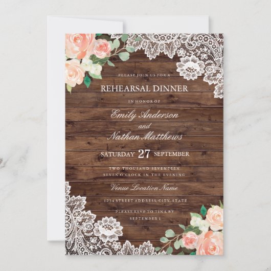 Invitation Dîner de répétition Mariage Floral Rustic Wood (Devant)