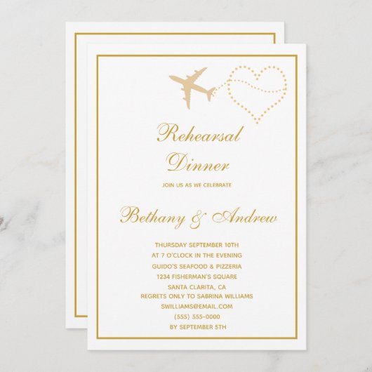 Invitation Dîner de répétition Mariage Gold Blanc (Devant / Derrière)