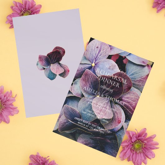 Invitation Dîner de répétition Mariage Gold Purple Hydrangeas