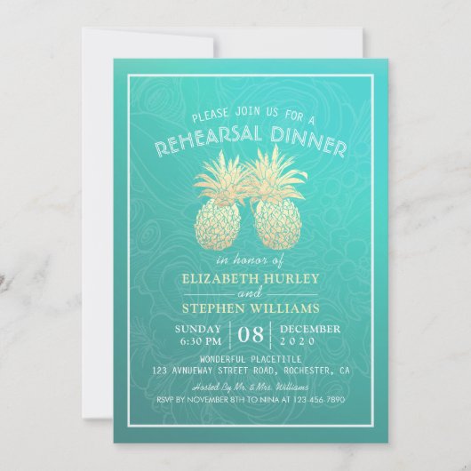 Invitation Dîner de répétition mariage Golden Pineappa Couple (Devant)