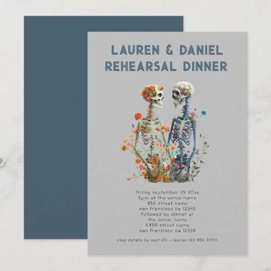 Invitation Dîner de répétition Mariage gothique Floral Skelet (Devant / Derrière)