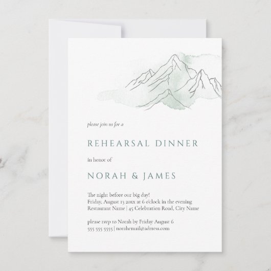 Invitation Dîner de répétition Mariage Green & White Mountain (Devant)
