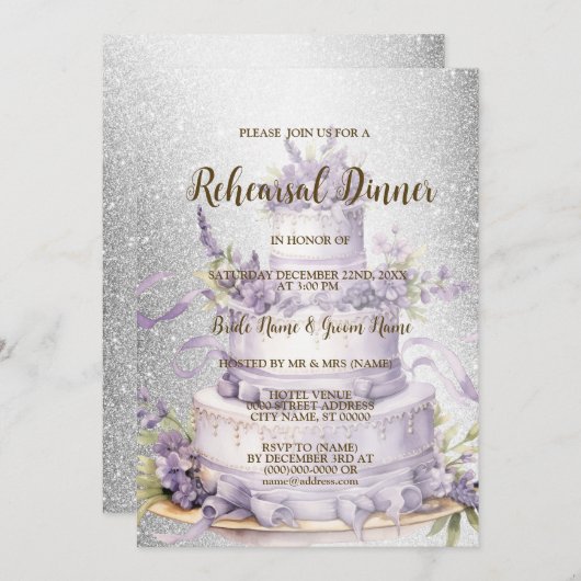 Invitation Dîner de répétition mariage Lavande de gâteau Flor (Devant / Derrière)