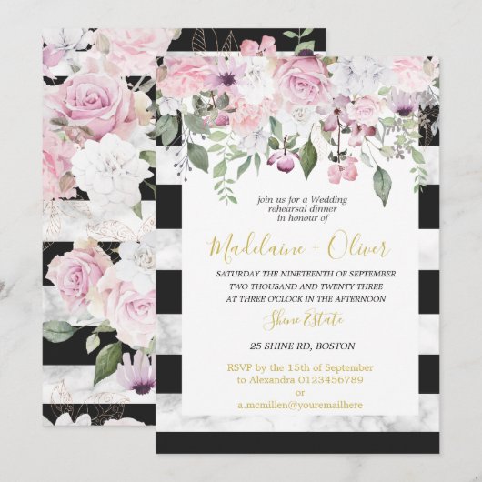 Invitation Dîner de répétition mariage Marbre floral Noir Chi (Devant / Derrière)