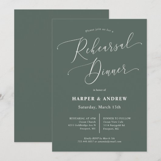 Invitation Dîner de répétition Mariage minimal vert (Devant / Derrière)