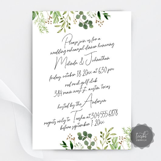 Invitation Dîner de répétition mariage, Modern Greenery