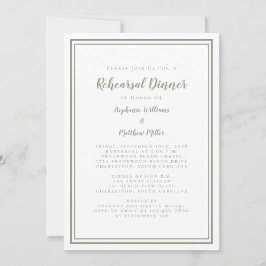 Invitation Dîner de répétition mariage Moderne Sage Vert Blan (Devant)