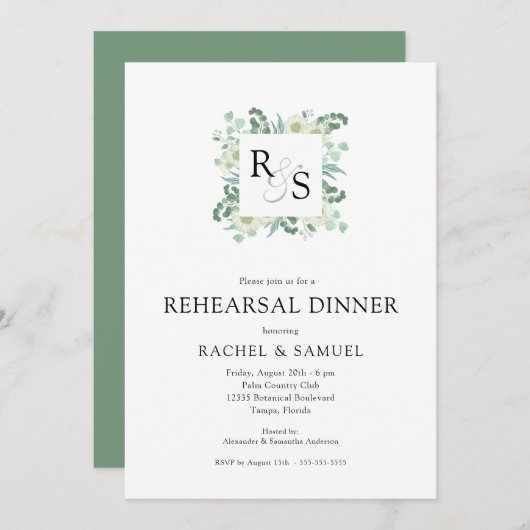 Invitation Dîner de répétition Mariage Monogram Greenery (Devant / Derrière)