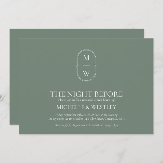 Invitation Dîner de répétition Mariage Monogram Sage Green (Devant / Derrière)