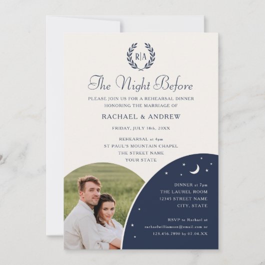 Invitation Dîner de répétition mariage Monogramme Photo Marin (Devant)