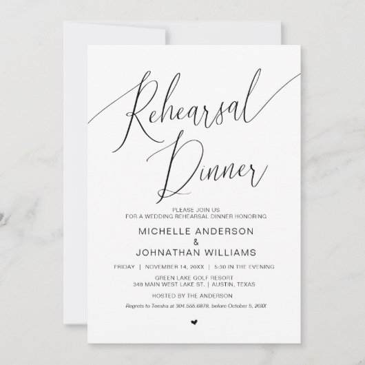 Invitation Dîner de répétition mariage, Noir moderne simple (Devant)