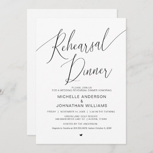 Invitation Dîner de répétition mariage, Noir moderne simple (Devant / Derrière)