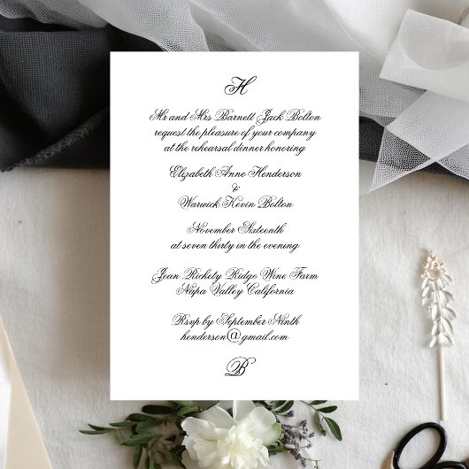 Invitation Dîner de répétition Mariage noir Monogramme classi