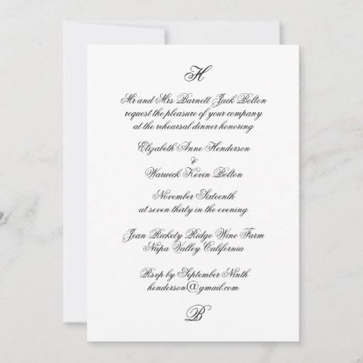 Invitation Dîner de répétition Mariage noir Monogramme classi (Devant)