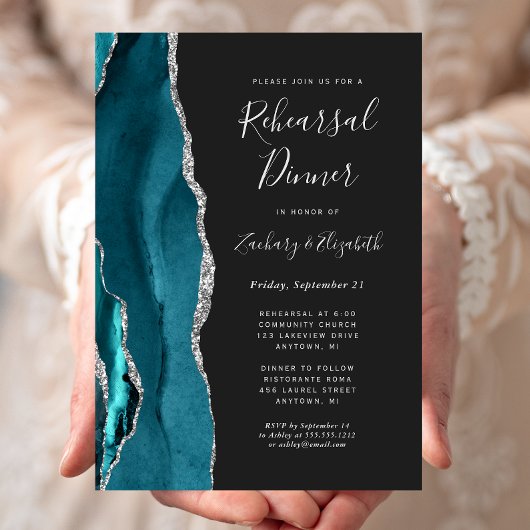 Invitation Dîner de répétition Mariage noir turquoise Argent