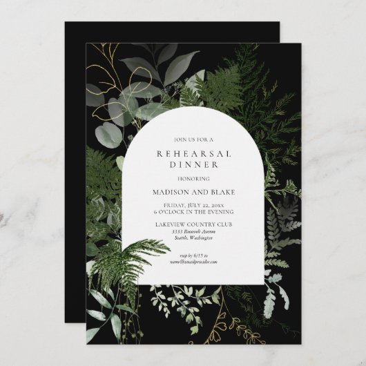 Invitation Dîner de répétition Mariage noir Wild Fern Greener (Devant / Derrière)