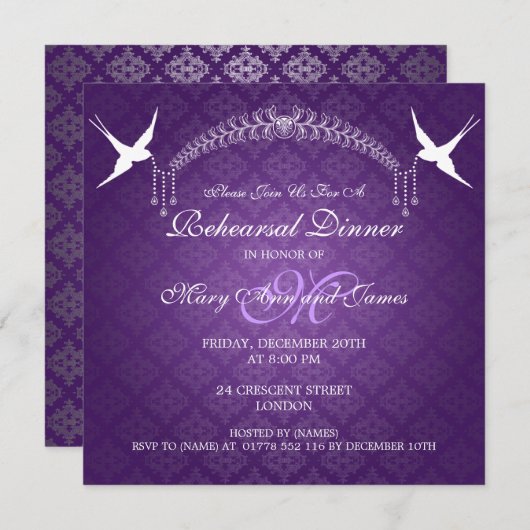 Invitation Dîner de répétition Mariage Oiseaux Monogramme Vio (Devant / Derrière)