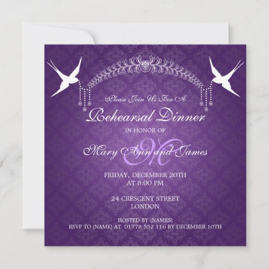 Invitation Dîner de répétition Mariage Oiseaux Monogramme Vio (Devant)