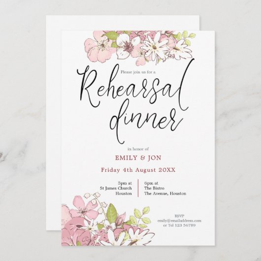 Invitation Dîner de répétition Mariage Pastel Florals Script (Devant / Derrière)