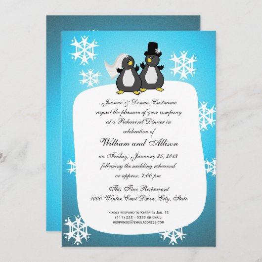 Invitation Dîner de répétition Mariage Penquin (Devant / Derrière)