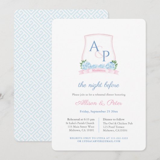 Invitation Dîner de répétition Mariage Preppy Pink Blue Crest (Devant / Derrière)