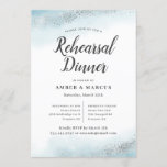 Invitation Dîner de répétition Mariage Romantic Blue Ombre<br><div class="desc">Elégante invitation à dîner de répétition de mariage avec des parties scintillant en argent et de l'eau bleu bébé ombre. Ce modèle dispose déjà de textes contenant toutes les informations nécessaires à votre événement. Les textes sont facilement personnalisables en ligne. Design moderne et fantaisiste.</div>