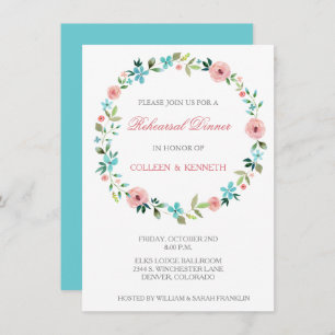 Invitation Dîner de répétition Mariage Rose Blue Floral Wreat