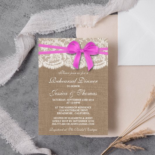 Invitation Dîner de répétition Mariage rose Bow Burlap & dent