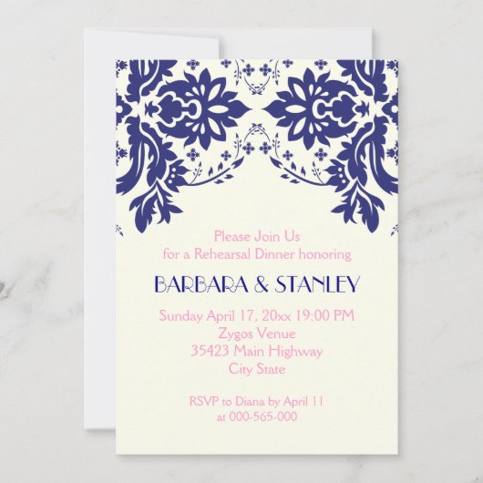 Invitation Dîner de répétition mariage rose Damask bleu marin (Devant)