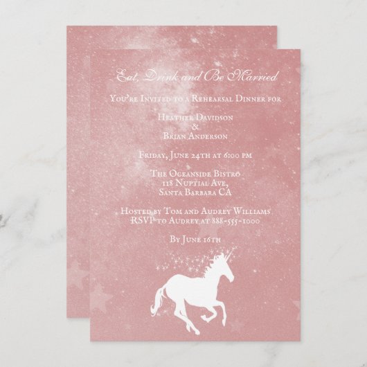 Invitation Dîner de répétition Mariage rose Unicorn Invitatio (Devant / Derrière)
