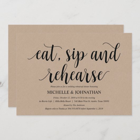 Invitation Dîner de répétition Mariage Rustic Kraft Invitatio (Devant / Derrière)