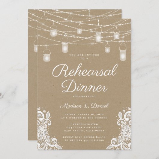 Invitation Dîner de répétition Mariage Rustic Lights (Devant / Derrière)