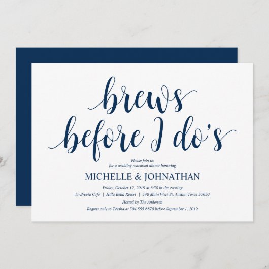 Invitation Dîner de répétition Mariage rustique, bleu marine (Devant / Derrière)