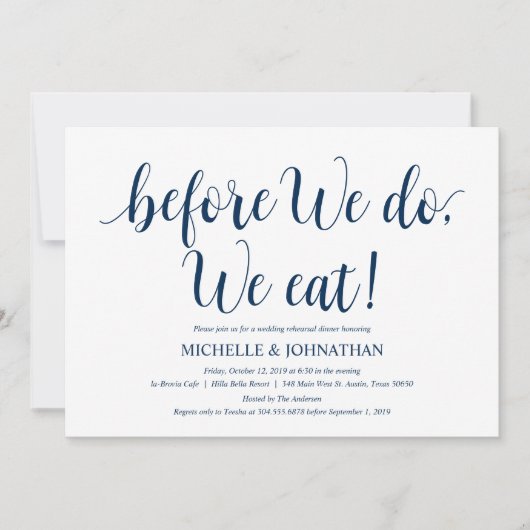 Invitation Dîner de répétition Mariage rustique, bleu marine (Devant)