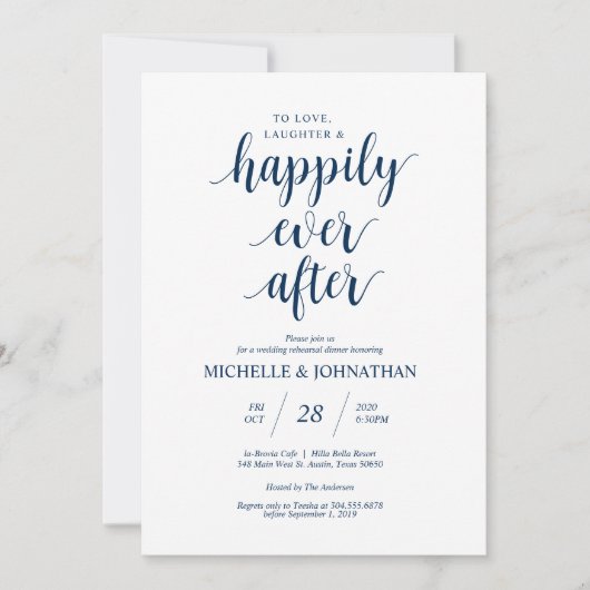 Invitation Dîner de répétition Mariage rustique, bleu marine (Devant)