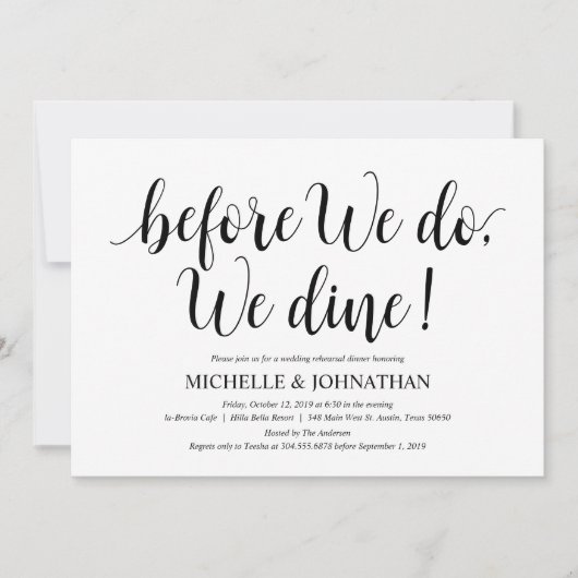 Invitation Dîner de répétition Mariage rustique, noir et blan (Devant)
