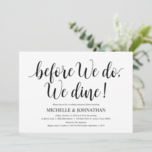 Invitation Dîner de répétition Mariage rustique, noir et blan (Debout devant)