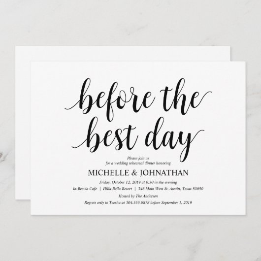 Invitation Dîner de répétition Mariage rustique, noir et blan (Devant / Derrière)