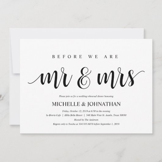 Invitation Dîner de répétition Mariage rustique, noir et blan (Devant)
