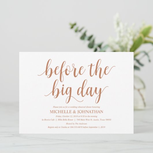 Invitation Dîner de répétition Mariage rustique, thème Cuivre (Debout devant)