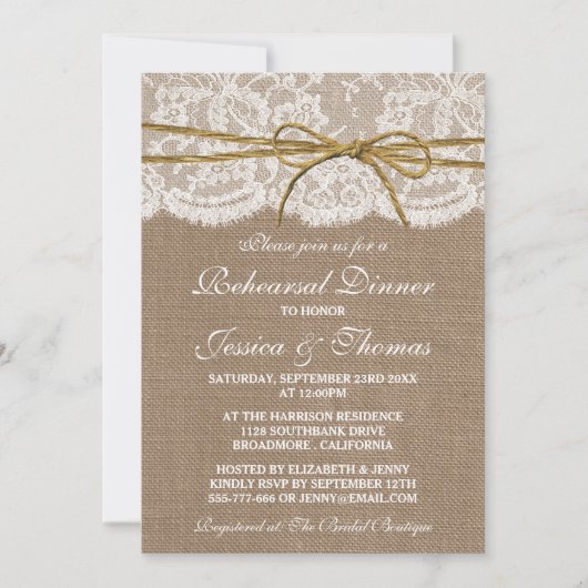 Invitation Dîner de répétition Mariage Rustique Twine Bow (Devant)