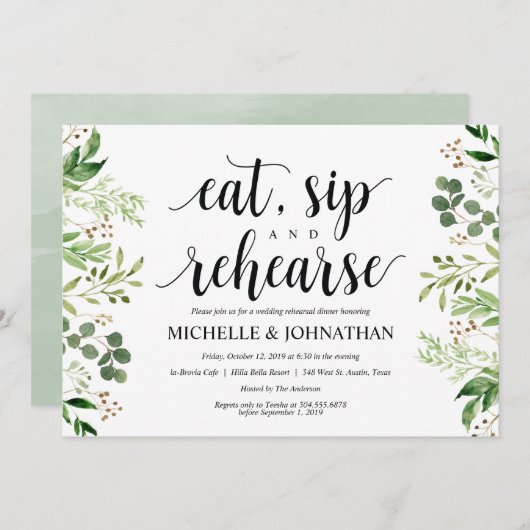 Invitation Dîner de répétition Mariage rustique verdure Invit (Devant / Derrière)