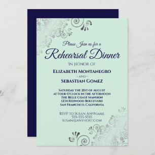 Invitation Dîner de répétition Mariage Silver Navy & Mint Gre