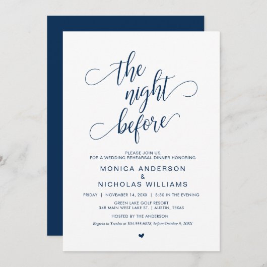 Invitation Dîner de répétition Mariage, Simple Navy Blue Scri (Devant / Derrière)