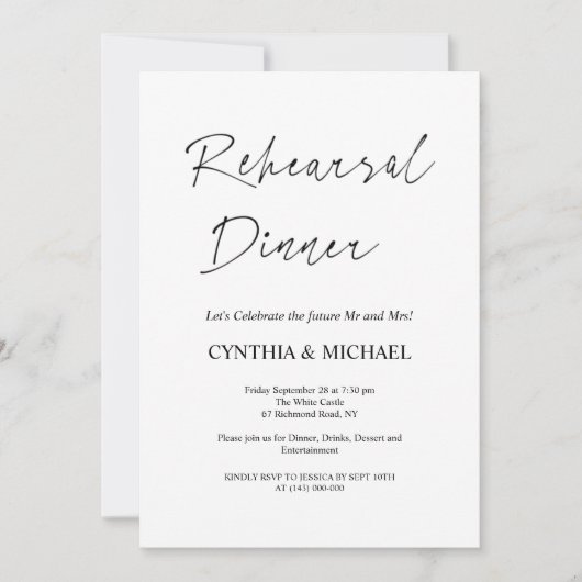 Invitation Dîner de répétition Mariage simple Script (Devant)