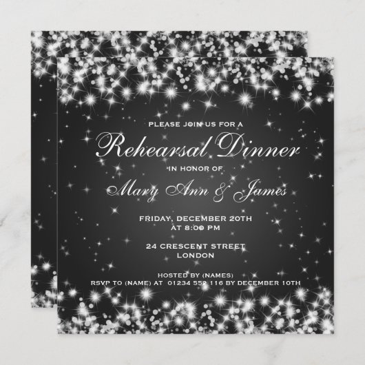 Invitation Dîner de répétition Mariage Sparkle Black d'hiver (Devant / Derrière)