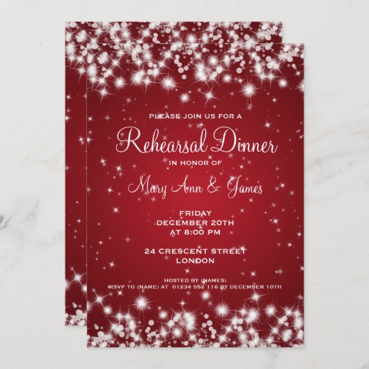 Invitation Dîner de répétition Mariage Sparkle Red (Devant / Derrière)