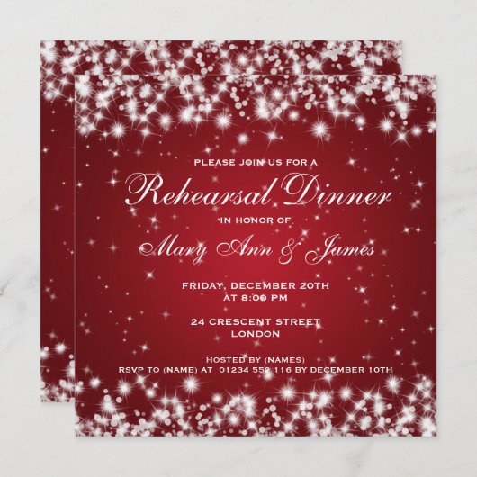 Invitation Dîner de répétition Mariage Sparkle Red (Devant / Derrière)